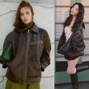 Reformation Veda Marco Pitstop Brown Leather Oversized Bomber Jacket Size XL